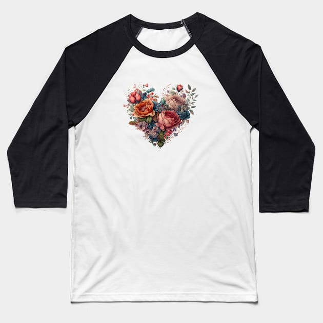 Floral Garden Botanical Print with wild flowers Heart Valentines Baseball T-Shirt by FloralFancy